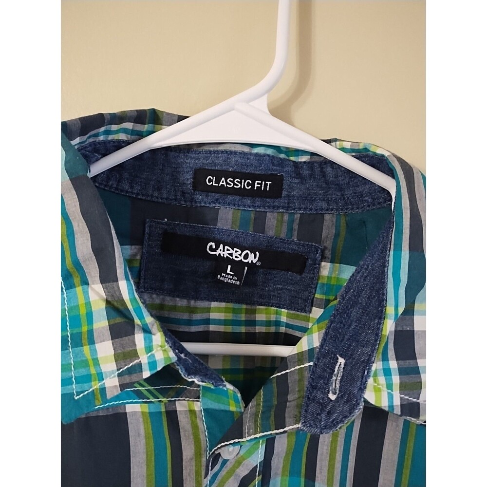Carbon Mens Button Up Plaid Shirt Classic Fit Green Blue Size Large Long Sleeve - Picture 2 of 5